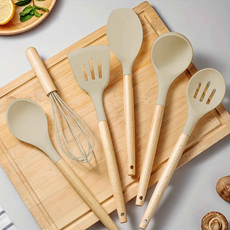 12-Piece Silicone Kitchen Utensil Set with Wooden Handles – Modern, Safe & Non-Stick Cooking Essentials