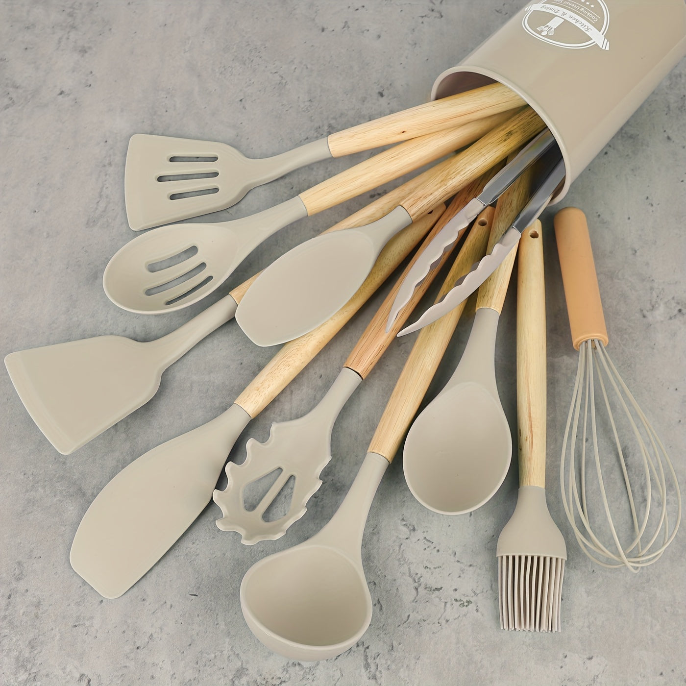 12-Piece Silicone Kitchen Utensil Set with Wooden Handles – Modern, Safe & Non-Stick Cooking Essentials