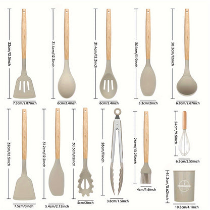 12-Piece Silicone Kitchen Utensil Set with Wooden Handles – Modern, Safe & Non-Stick Cooking Essentials