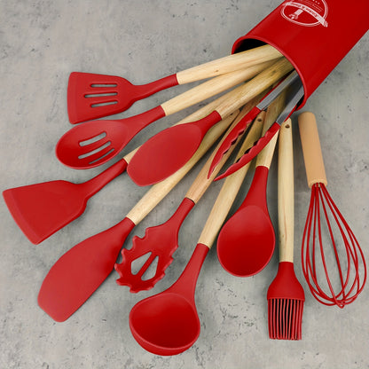 12-Piece Silicone Kitchen Utensil Set with Wooden Handles – Modern, Safe & Non-Stick Cooking Essentials