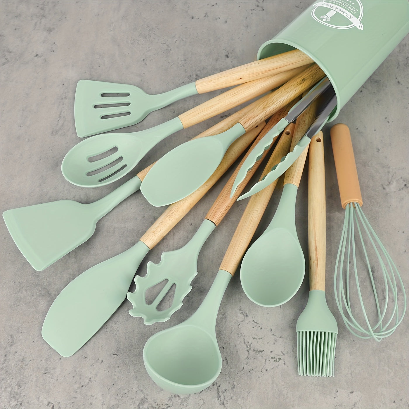 12-Piece Silicone Kitchen Utensil Set with Wooden Handles – Modern, Safe & Non-Stick Cooking Essentials