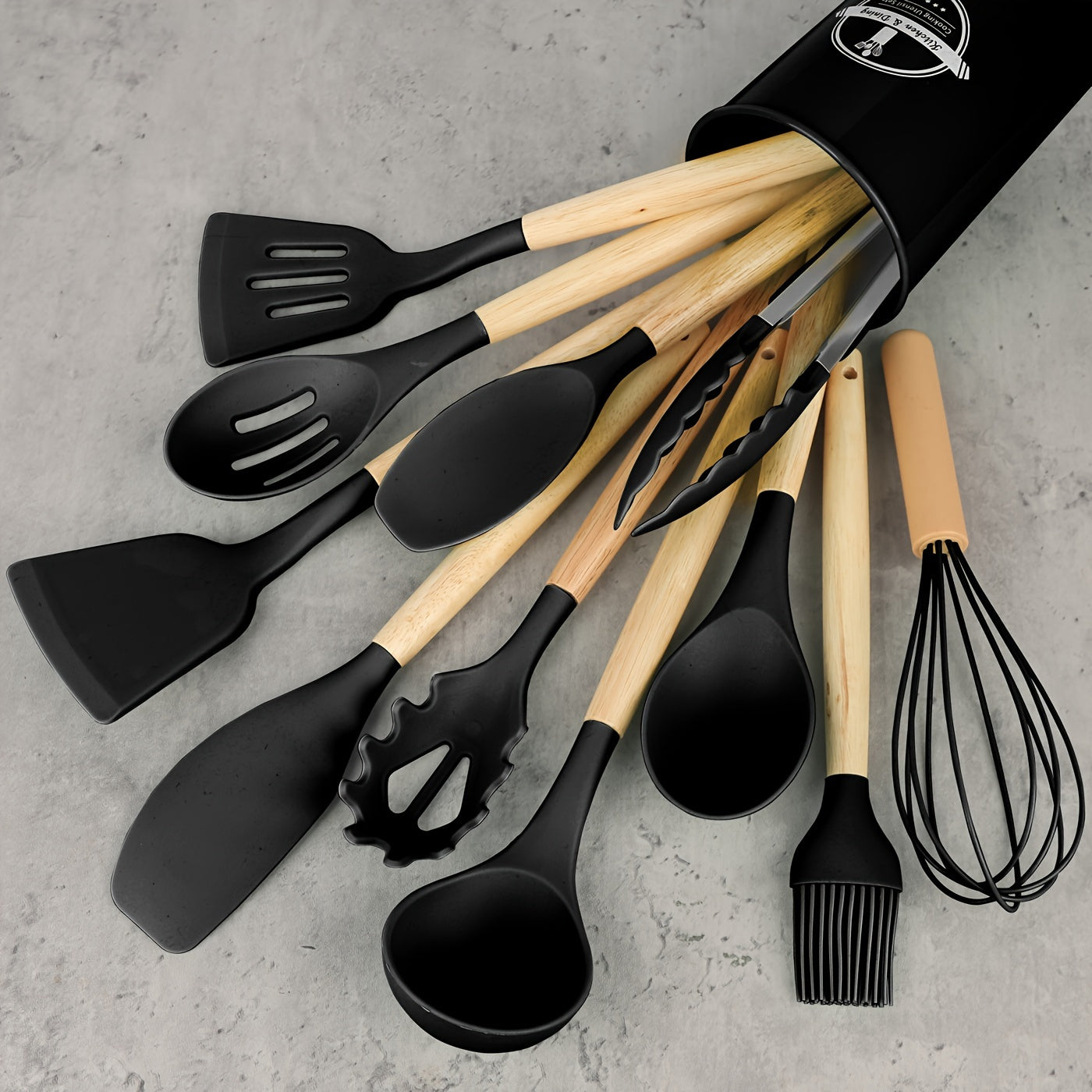 12-Piece Silicone Kitchen Utensil Set with Wooden Handles – Modern, Safe & Non-Stick Cooking Essentials